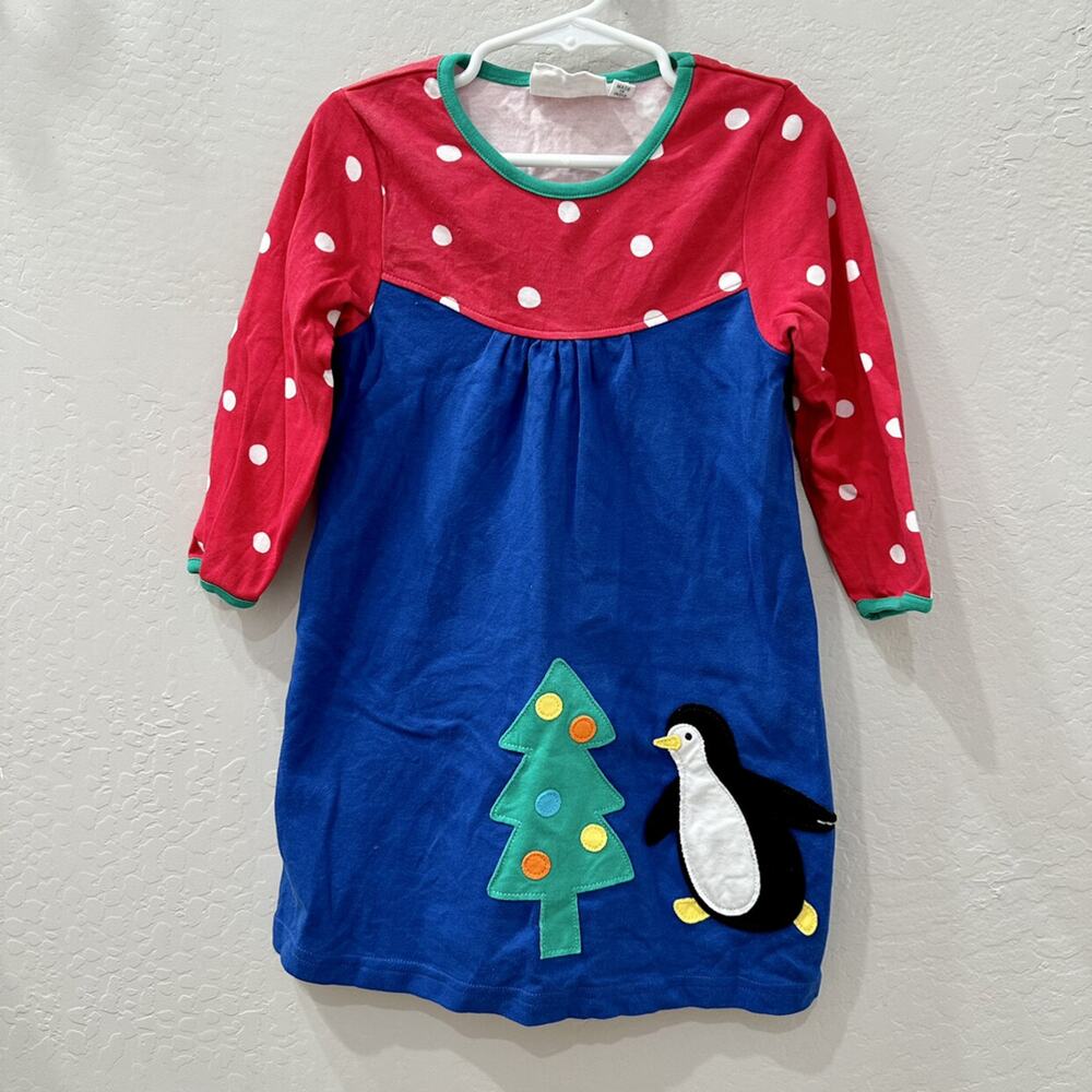 Toby Tiger Blue Christmas Tree Penguin Appliqué Long Sleeve Dress